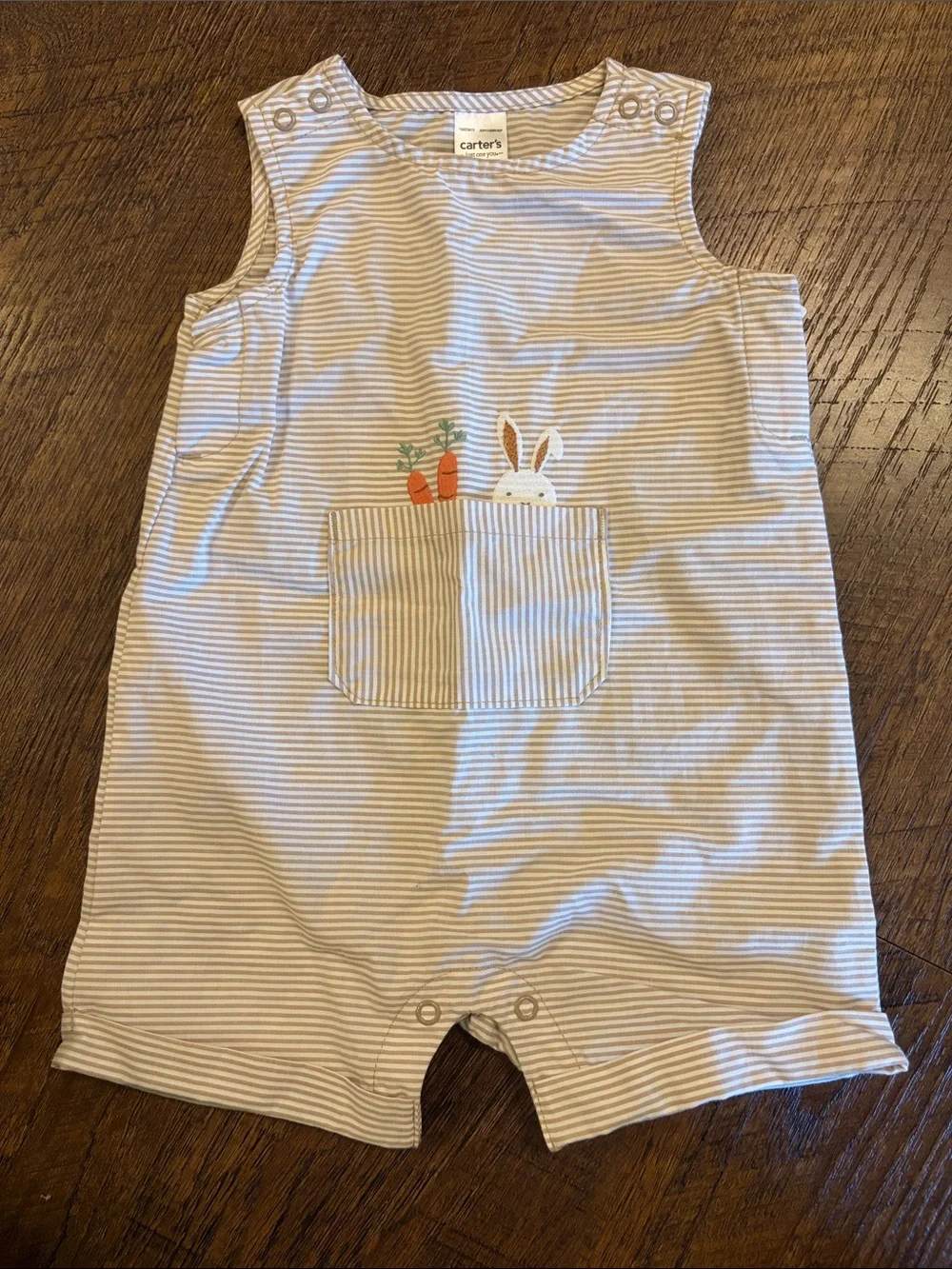 Carter's unisex brown and White Striped Bunny Pocket Romper size 9 M